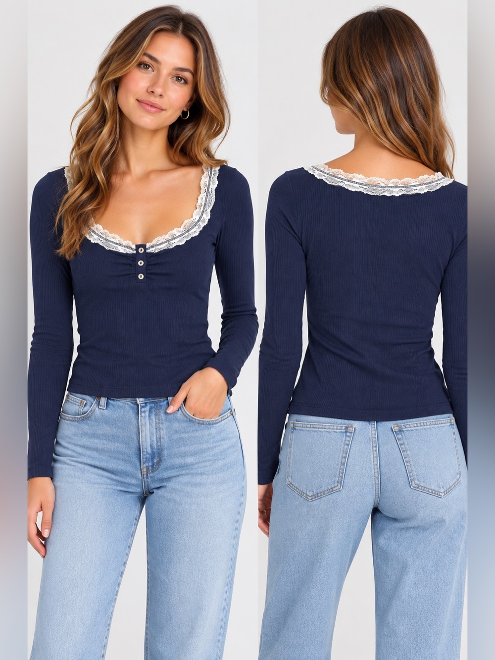 Wild Fable Navy Ribbed Lace Trim Long Sleeve Top XS NWT